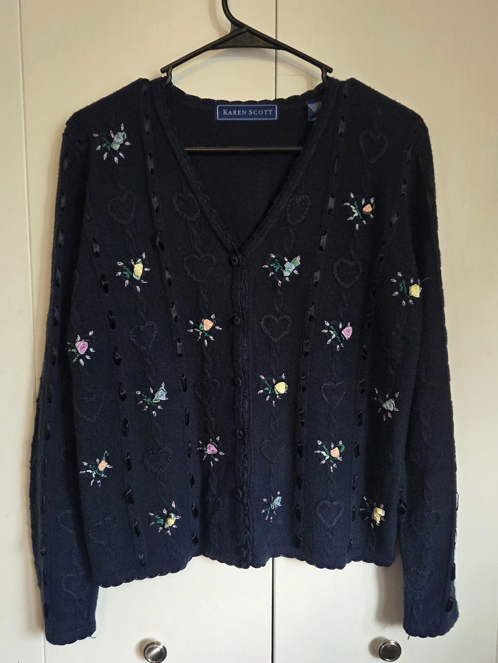 Karen Scott Vintage Floral Embroidered Cardigan Navy Coquette Grandmacore Ribbon